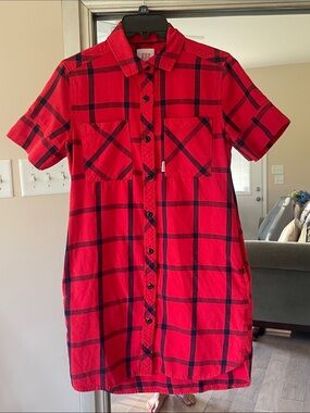 Topo Designs Red and Black Plaid Button-Front Midi Dress